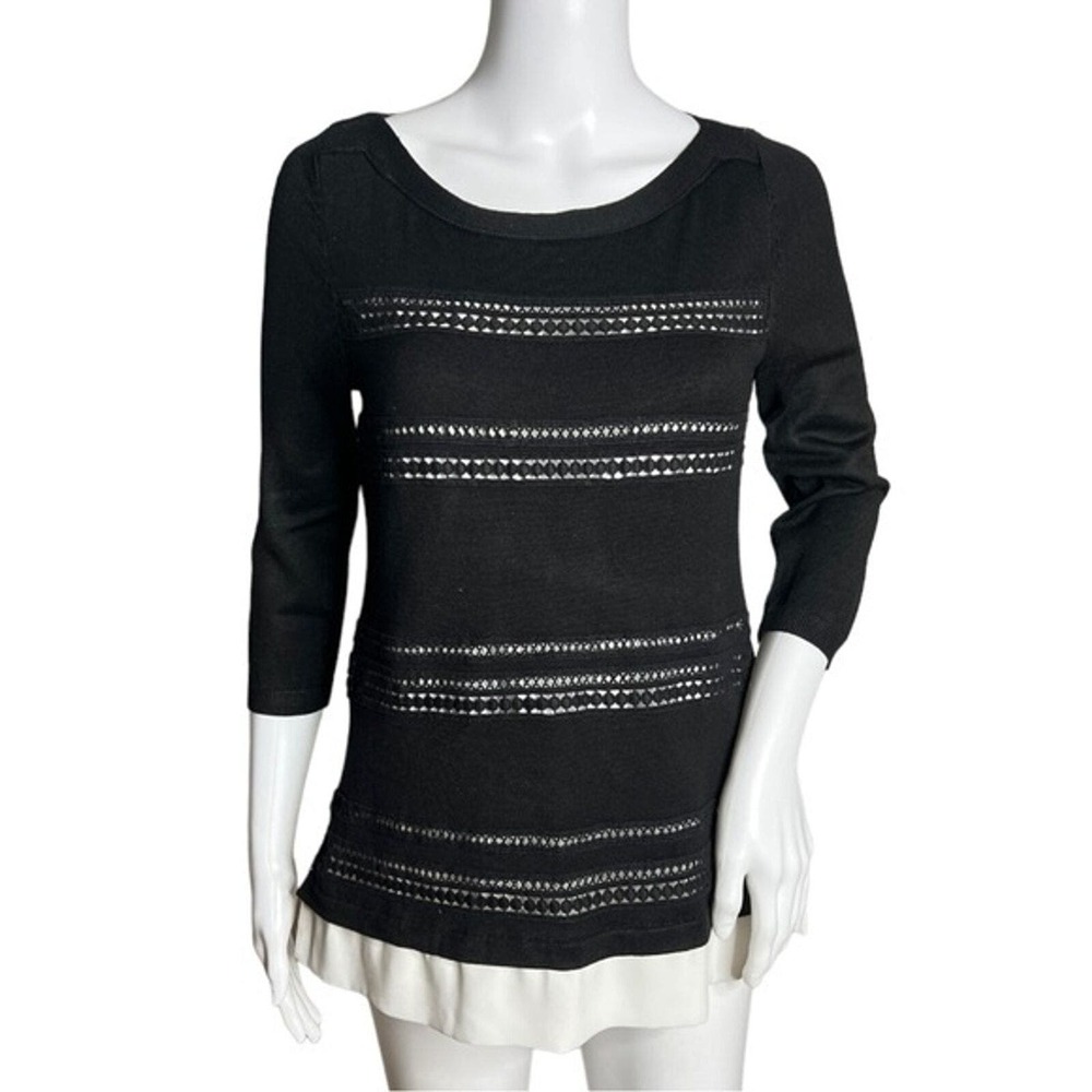 White House Black Market Sweater Women XS Black White Embroidered Stripe Neutral